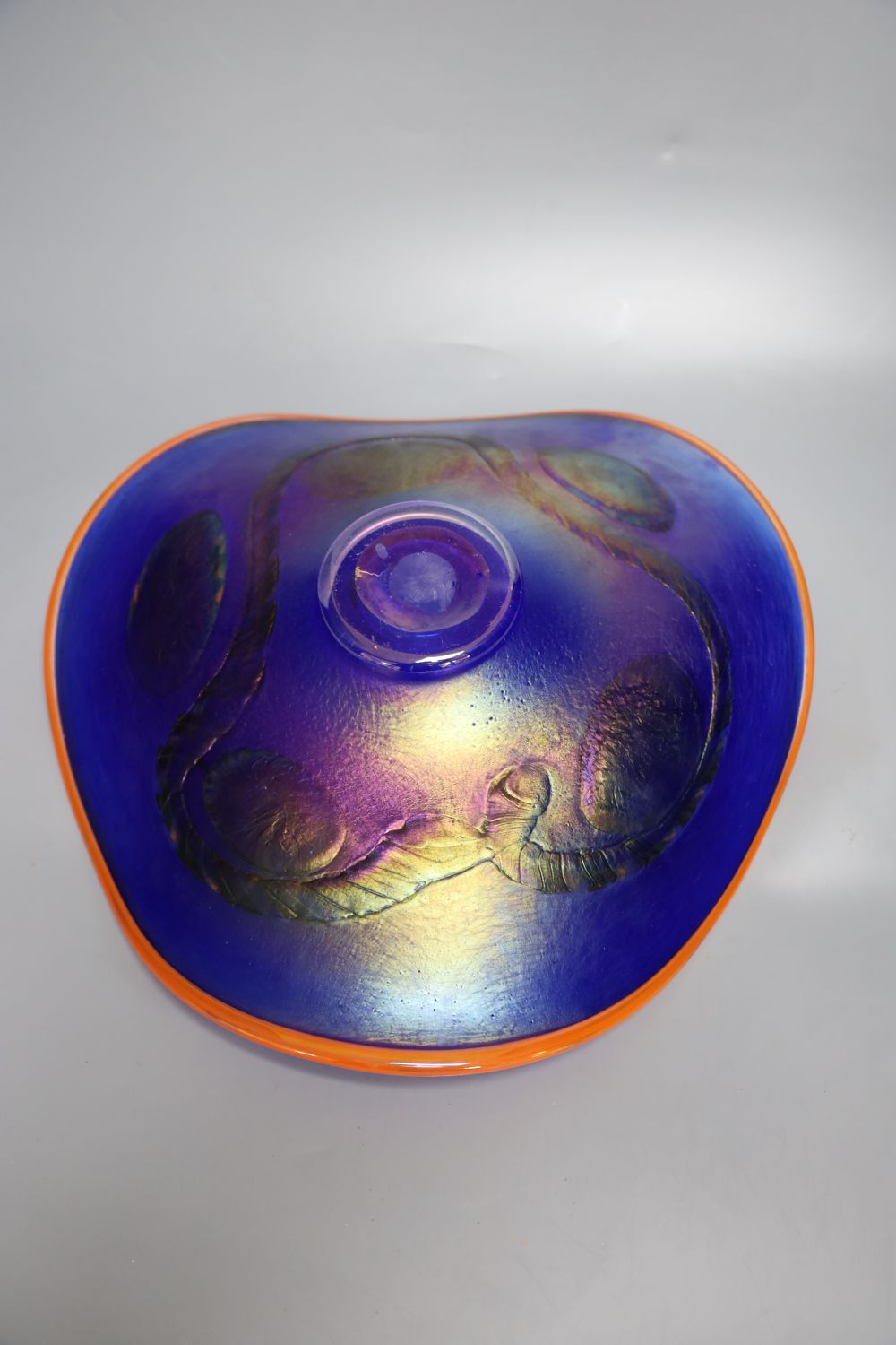 A free blown coloured glass dish, signed R. Weninger, 99, for Norske Skog International Golf, diameter 37cm